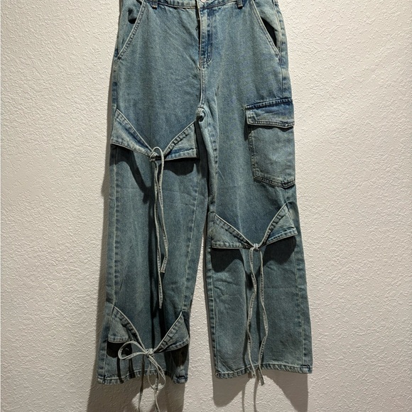 Cider Jeans Womens XS Wide Leg Mid Rise Bowknot Tie Cargo Jean Light Wash Blue - Picture 2 of 8